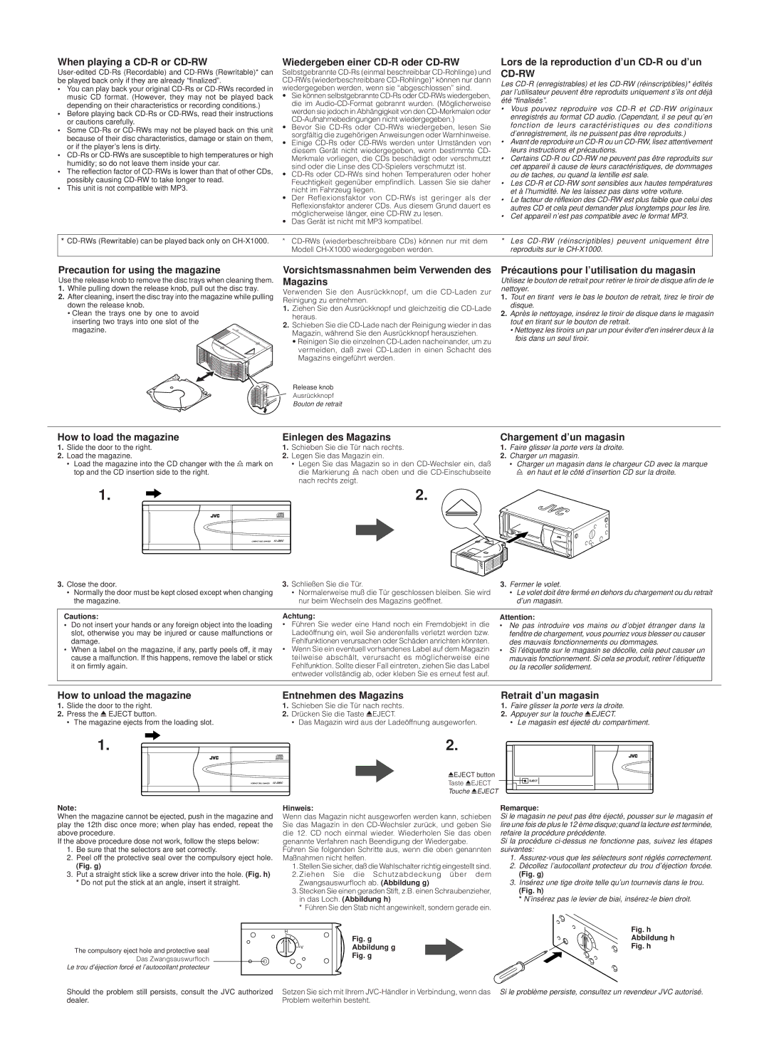 JVC CH-X400 user service When playing a CD-R or CD-RW, Wiedergeben einer CD-R oder CD-RW, Precaution for using the magazine 