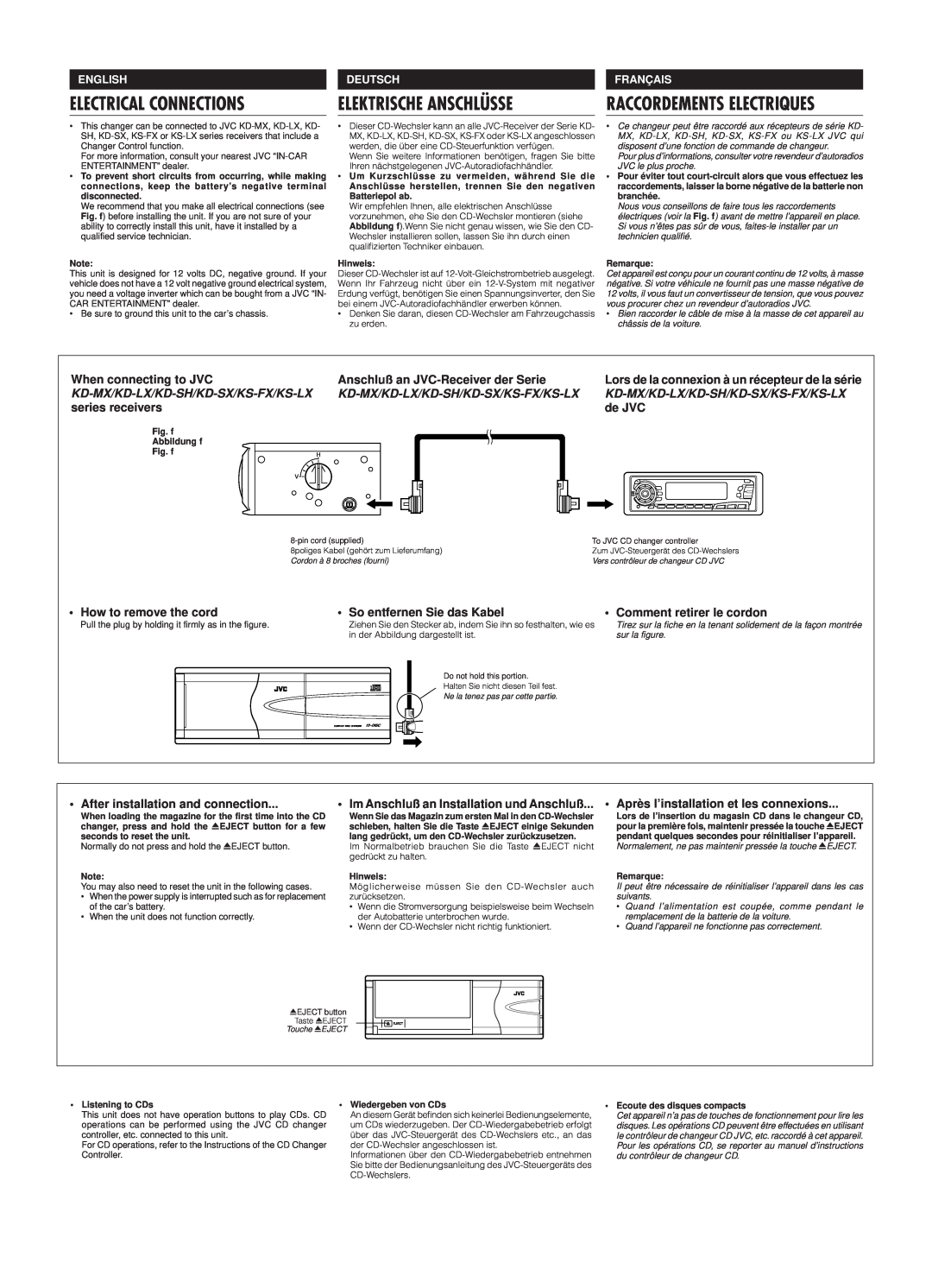 JVC CH-X400 Electrical Connections, Elektrische Anschlüsse, • How to remove the cord, • So entfernen Sie das Kabel 