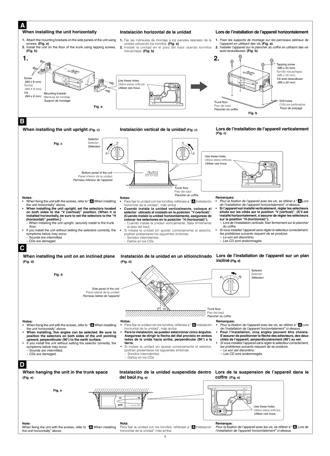 JVC CH-X470 user service When installing the unit horizontally, Instalación horizontal de la unidad, Del baúl Fig. e 