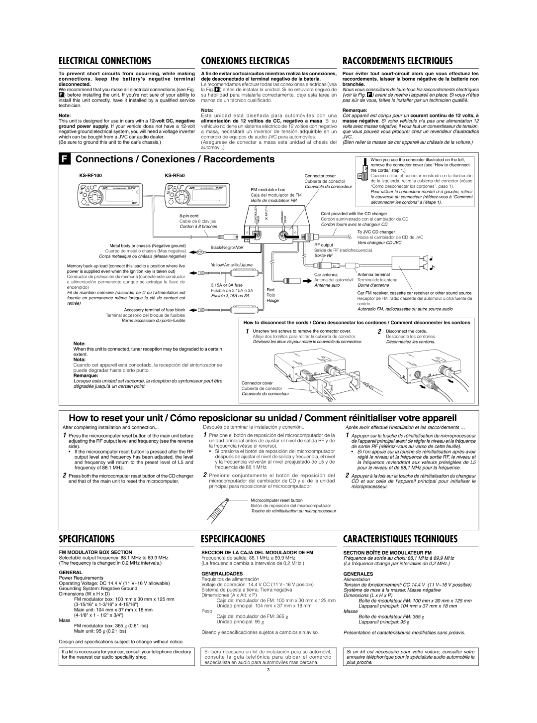 JVC CH-X470 Specifications Especificaciones Caracteristiques Techniques, KS-RF50, FM Modulator BOX Section, Generales 