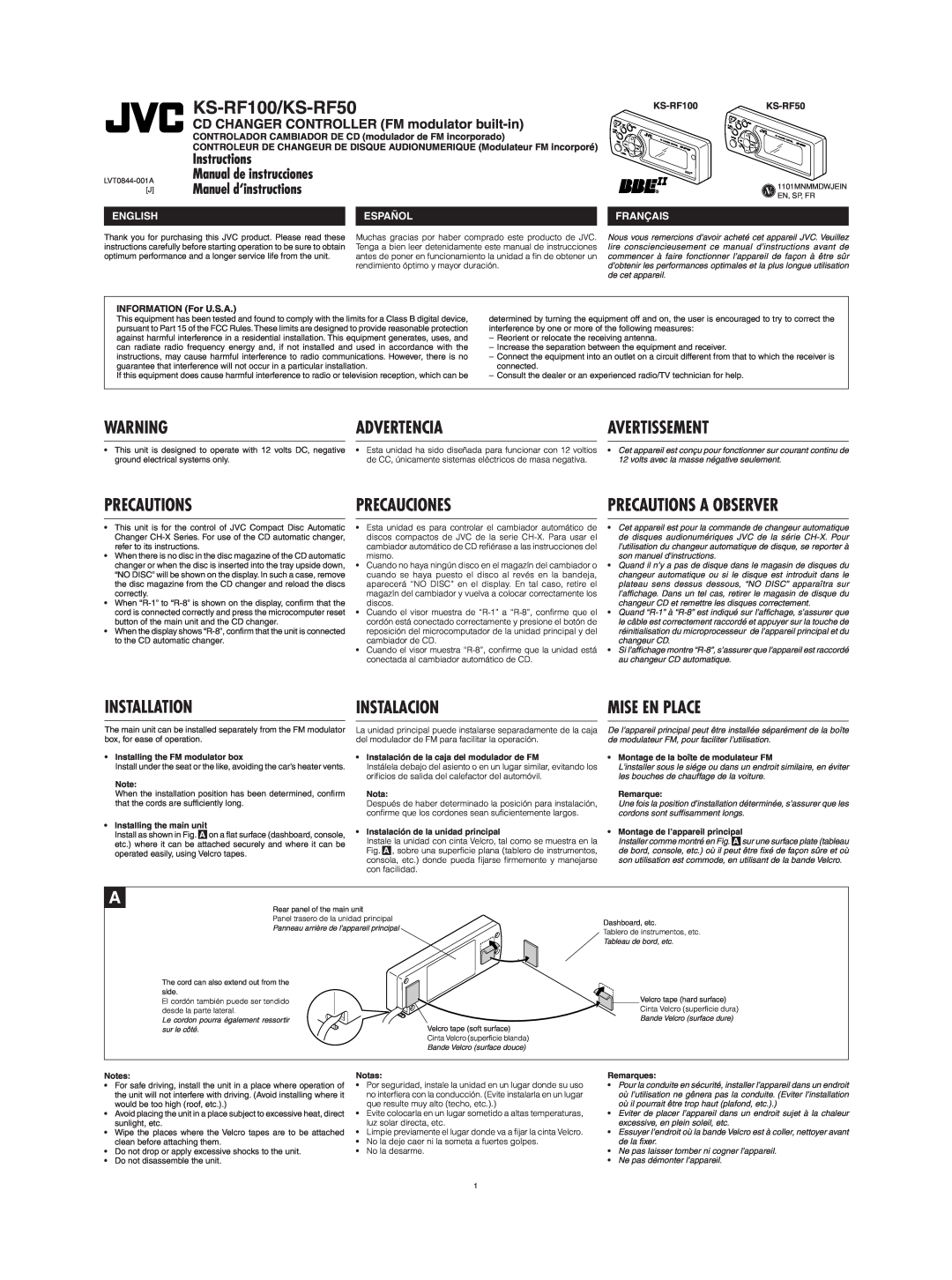 JVC CH-X470 KS-RF100/KS-RF50, Manual de instrucciones, Manuel d‘instructions, CD CHANGER CONTROLLER FM modulator built-in 