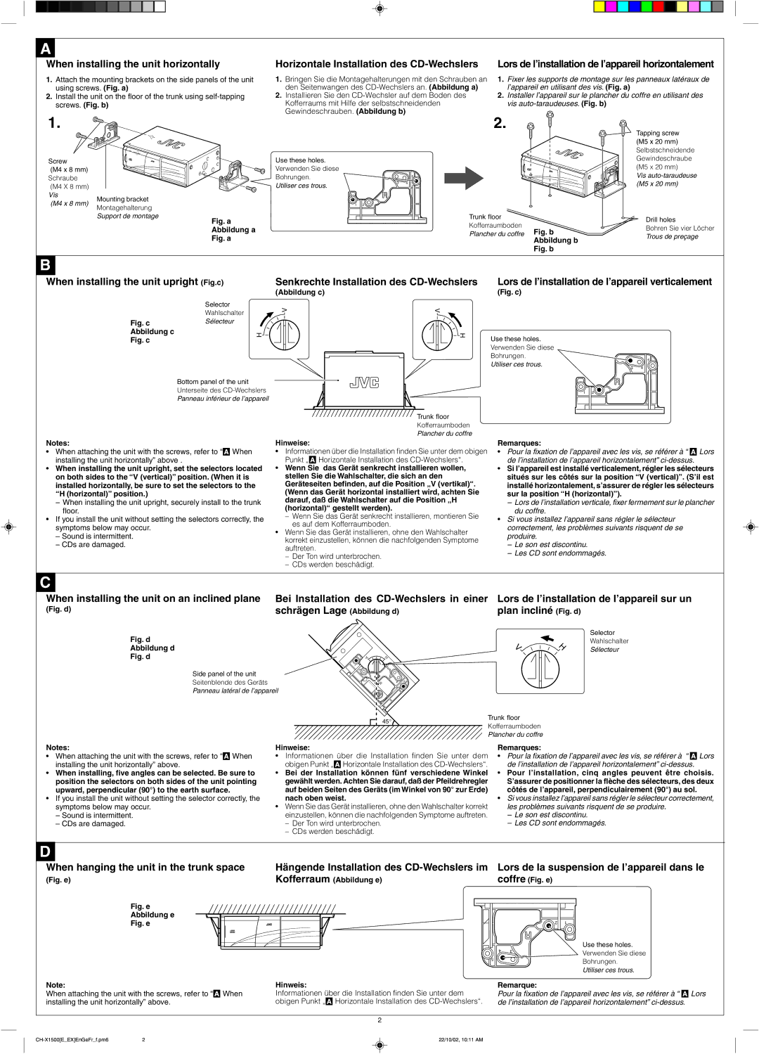 JVC CH-X550 When installing the unit horizontally, Horizontale Installation des CD-Wechslers, Schrägen Lage Abbildung d 