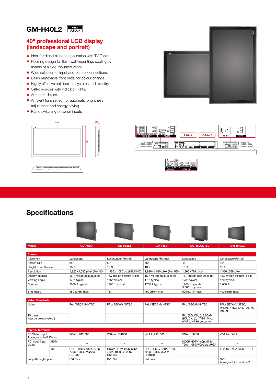 JVC GM-H40L2, CO-46LCD-BD, GD-F65L1, GD-F52L1, GD-F46L1 manual Specifications, Professional LCD display landscape and portrait 