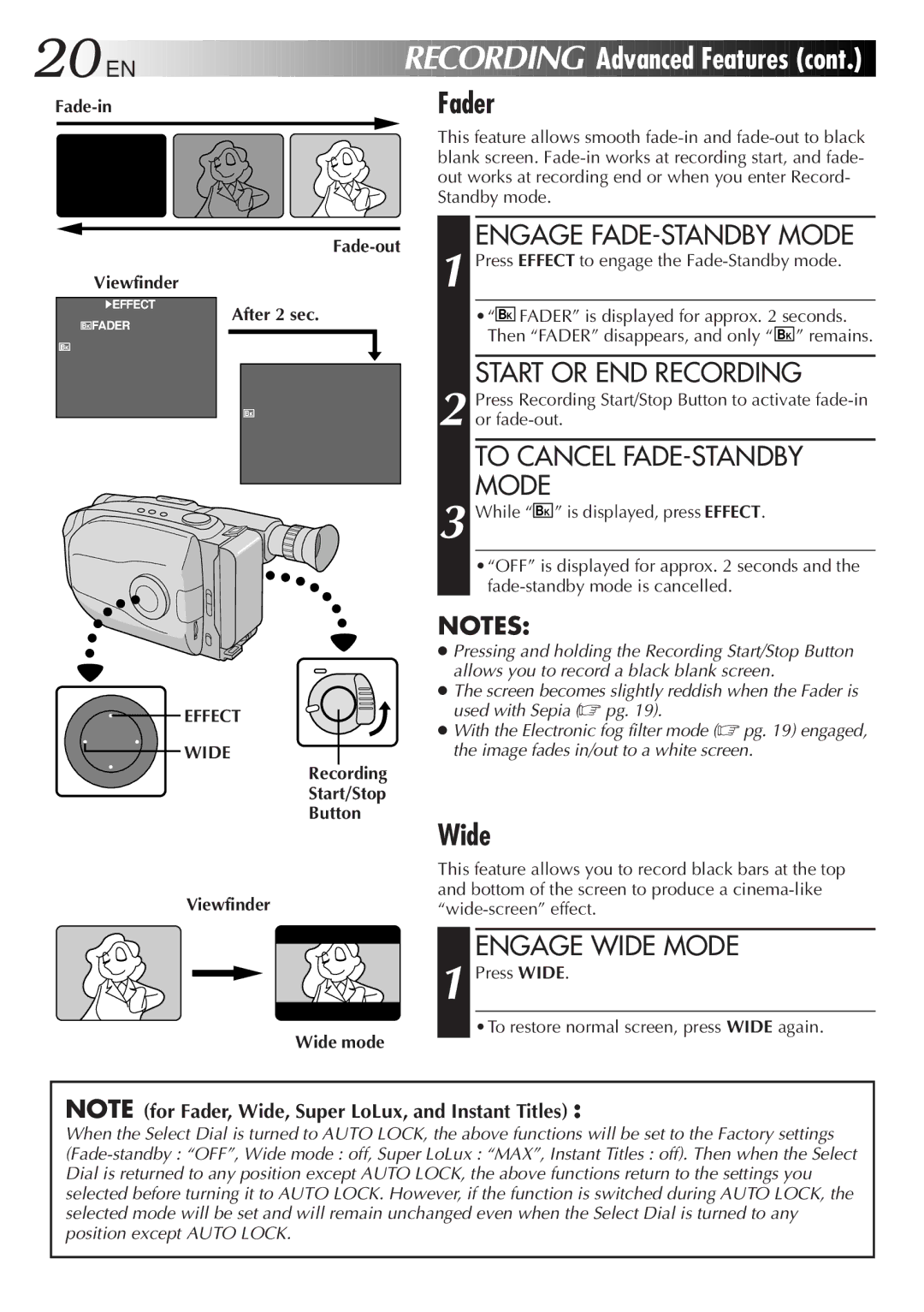 JVC Compact VHS instruction manual Fader, Advanced Features, Wide 