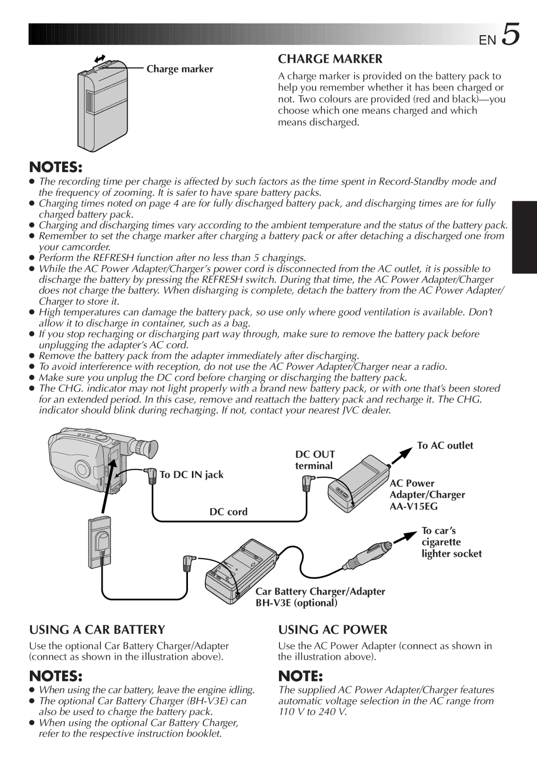 JVC Compact VHS instruction manual Charge marker, Dc Out, To DC in jack Terminal AC Power, AA-V15EG 