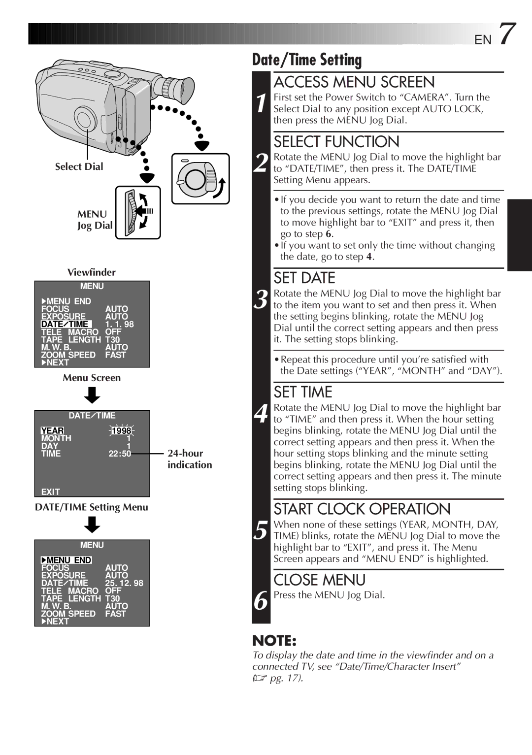 JVC Compact VHS instruction manual Select Dial, Jog Dial Viewfinder, DATE/TIME Setting Menu 