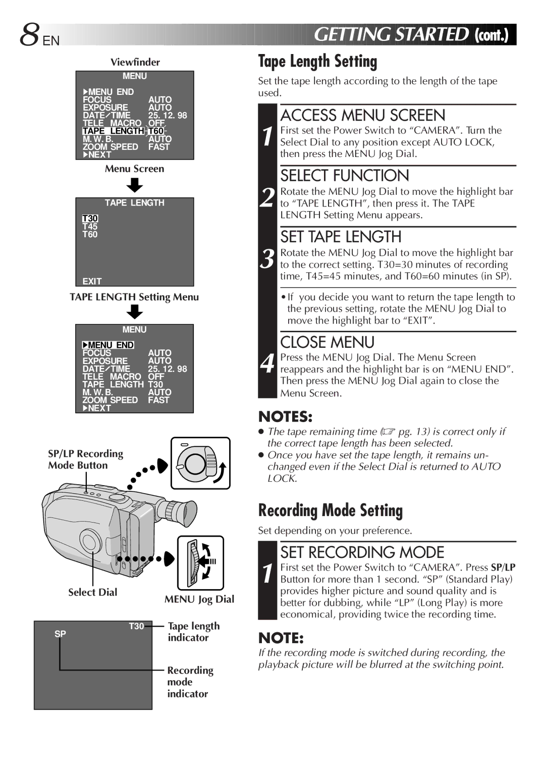 JVC Compact VHS Recording Mode Setting, SET Recording Mode, Menu Jog Dial, Set depending on your preference 