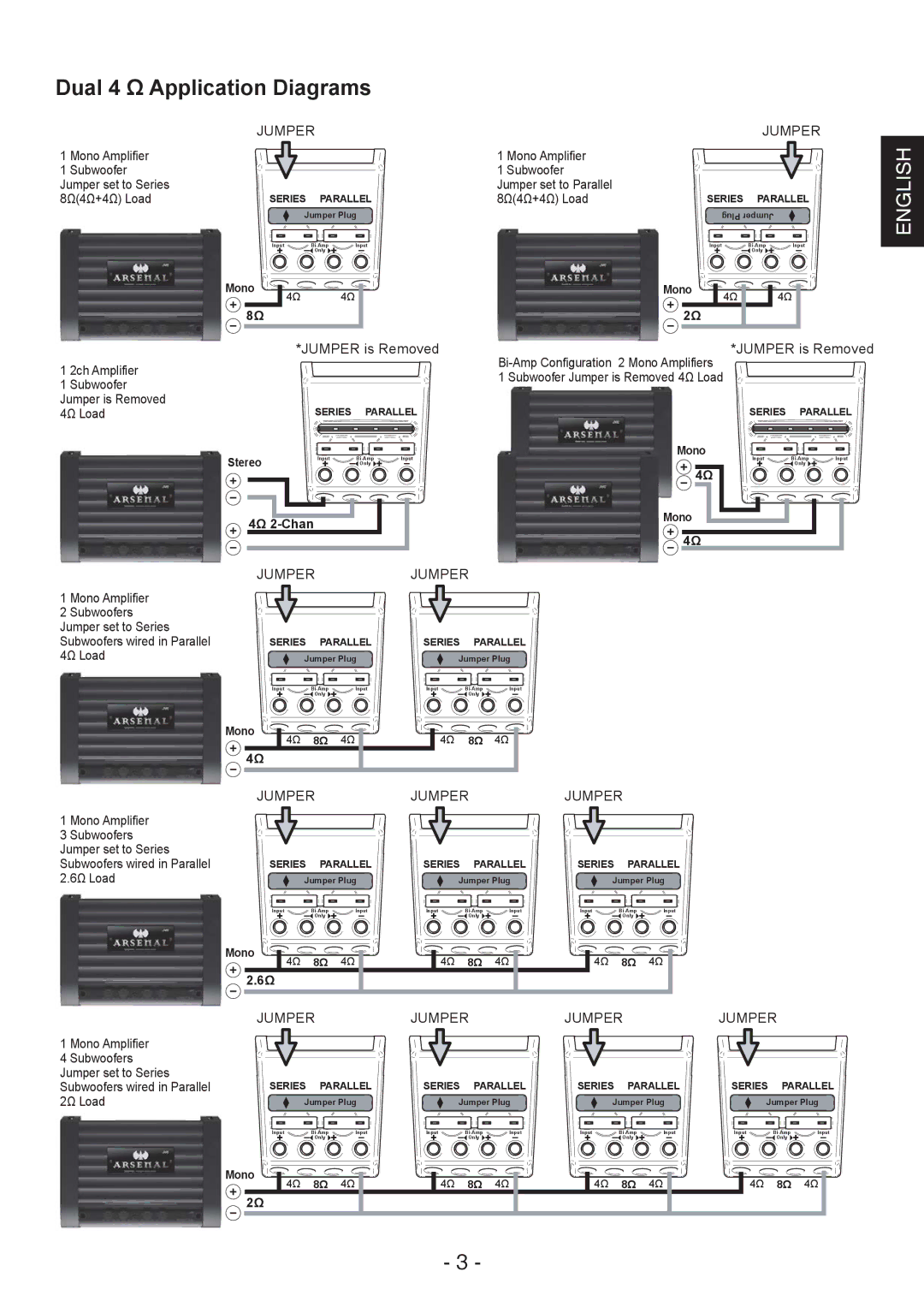 JVC CS-AW8540, CS-AW8520 instruction manual Dual 4 Ω Application Diagrams, Jumper 