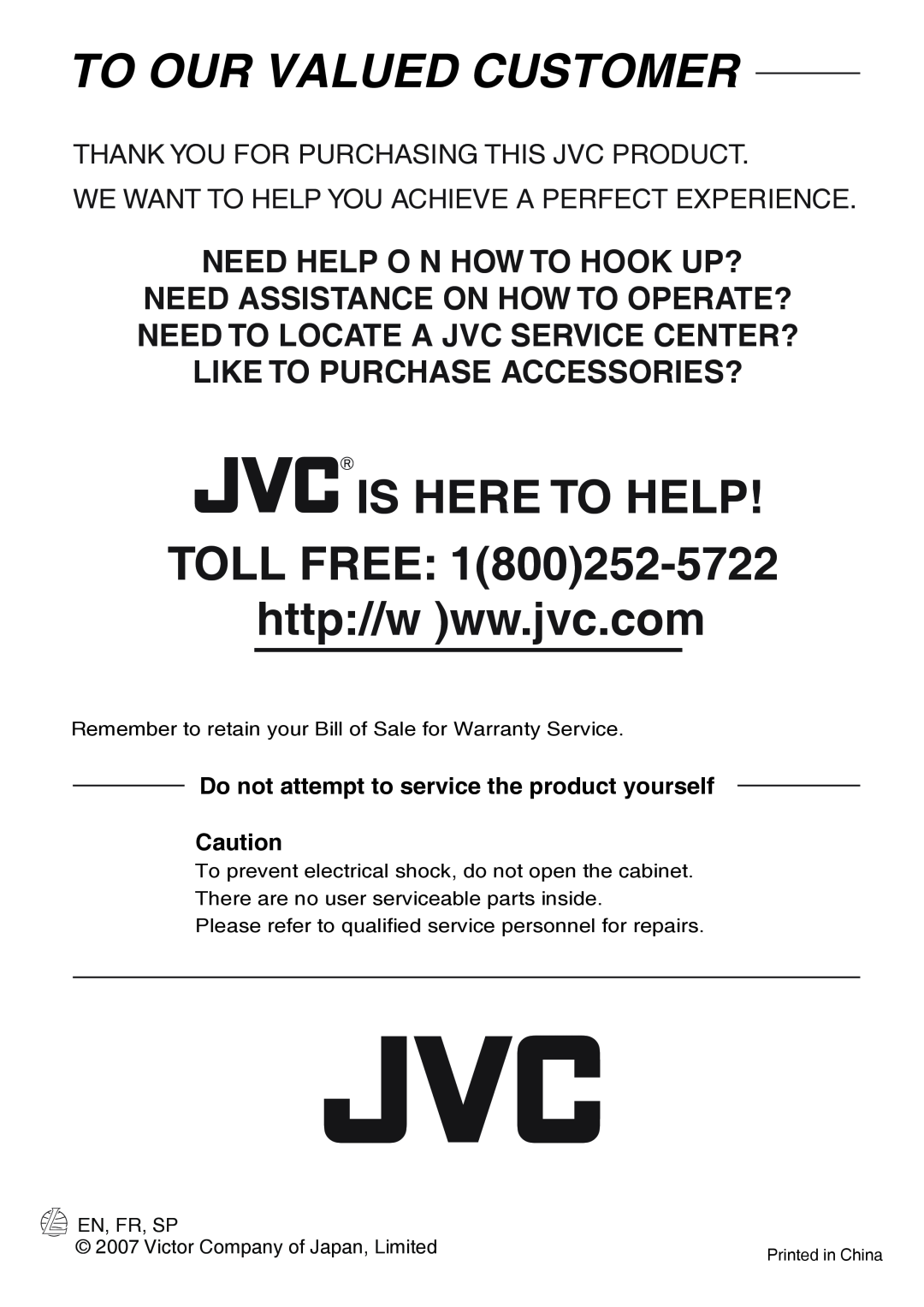 JVC CS-AW8540, CS-AW8520 To Our Valued Customer, Is Here To Help, Thank You For Purchasing This Jvc Product 