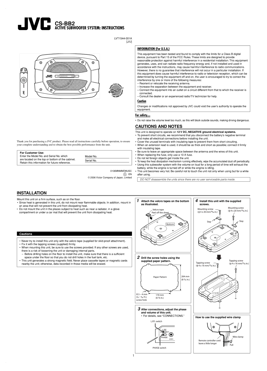 JVC CS-BB2 user service Installation, For Customer Use, Attach the velcro tapes on the bottom as illustrated 