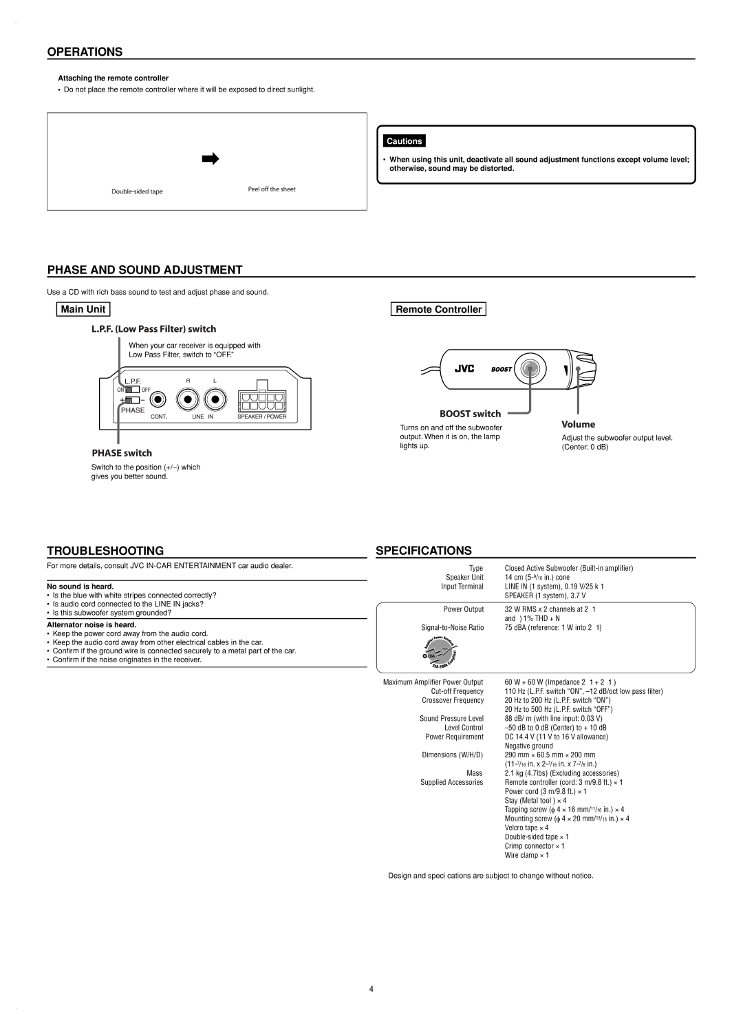 JVC CS-BB2 user service Operations, Phase and Sound Adjustment, Troubleshooting, Specifications 