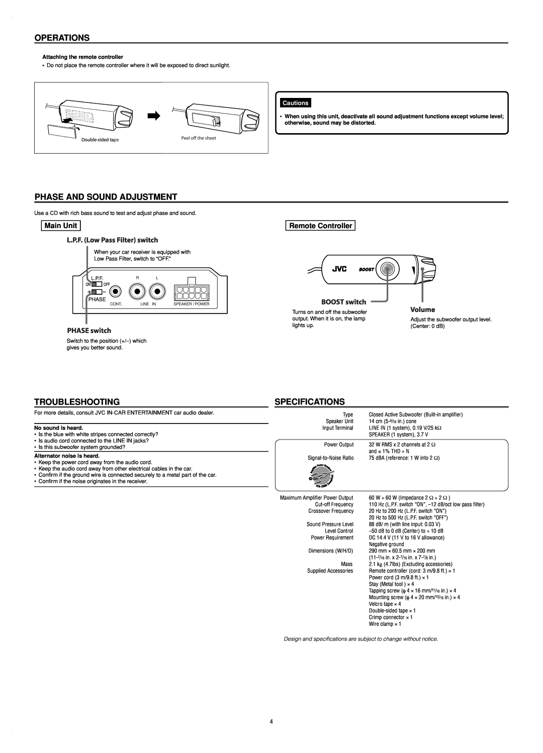 JVC CS-BB2 Operations, Phase And Sound Adjustment, Troubleshooting, Specifications, Attaching the remote controller 
