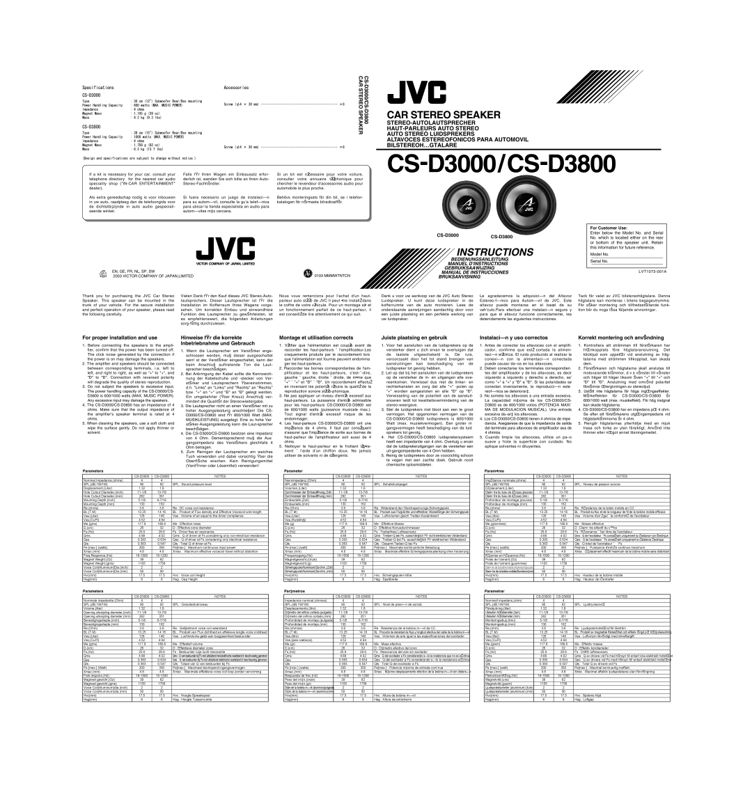 JVC CS-D3800 manual For proper installation and use, Hinweise fŸr die korrekte Inbetriebnahme und Gebrauch, CS-D3000 