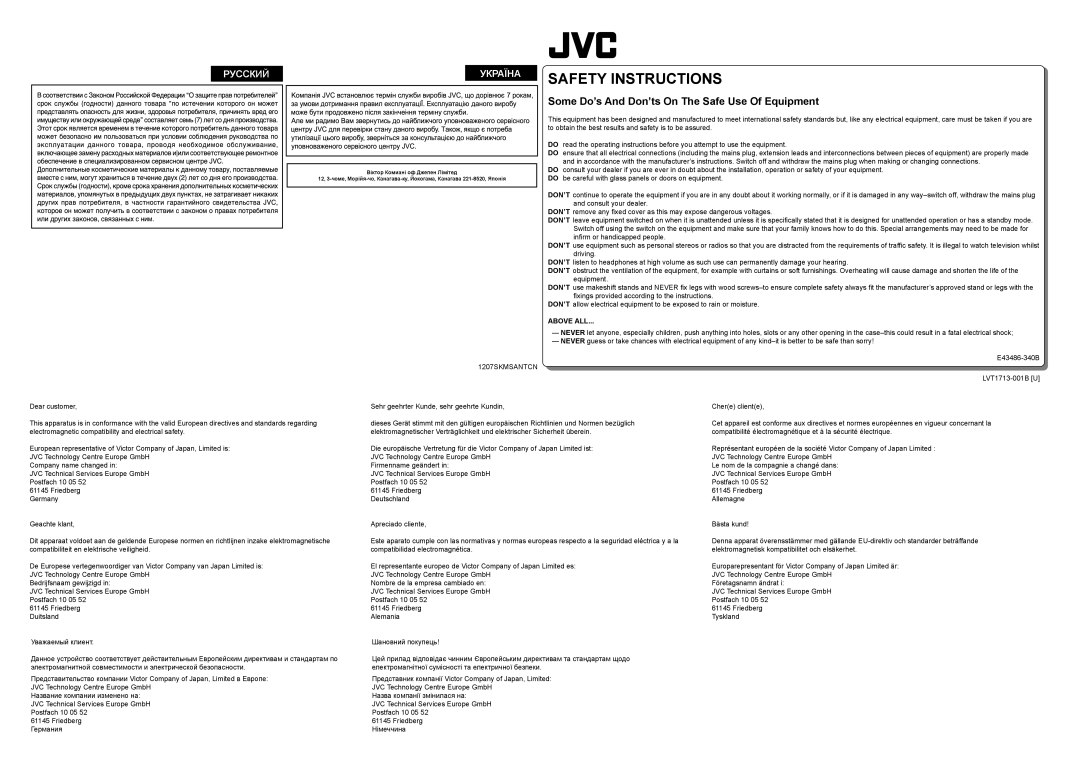 JVC CS-FS60 dimensions Safety Instructions, Русский Україна 