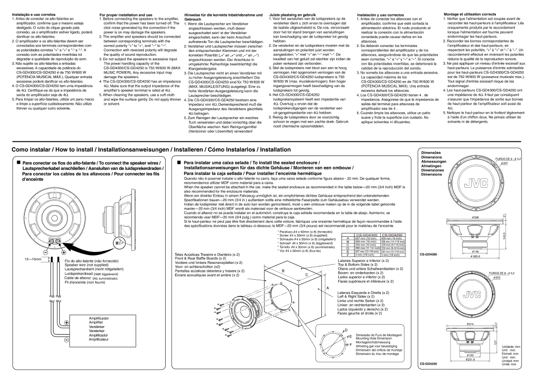 JVC CS-GD4300 manual Instalação e uso corretos, For proper installation and use, Juiste plaatsing en gebruik, Abmessungen 