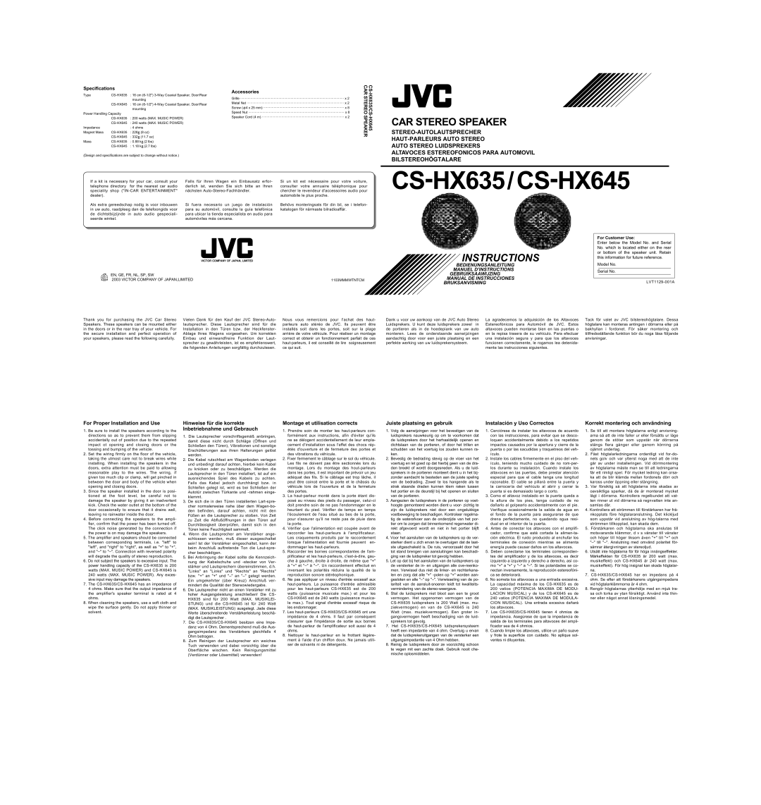 JVC CS-HX645 specifications For Proper Installation and Use, Hinweise für die korrekte Inbetriebnahme und Gebrauch 