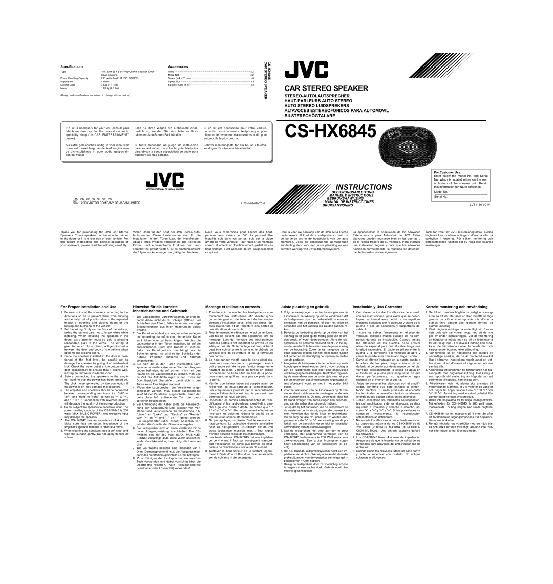 JVC CS-HX6845 specifications For Proper Installation and Use, Hinweise für die korrekte Inbetriebnahme und Gebrauch 