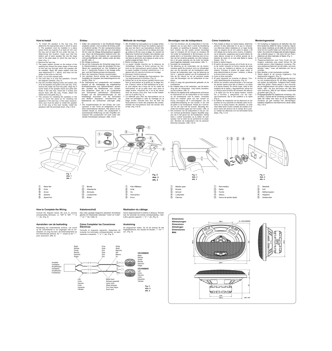 JVC CS-HX6845 specifications How to Install, Einbau, Méthode de montage, Eléctricas 