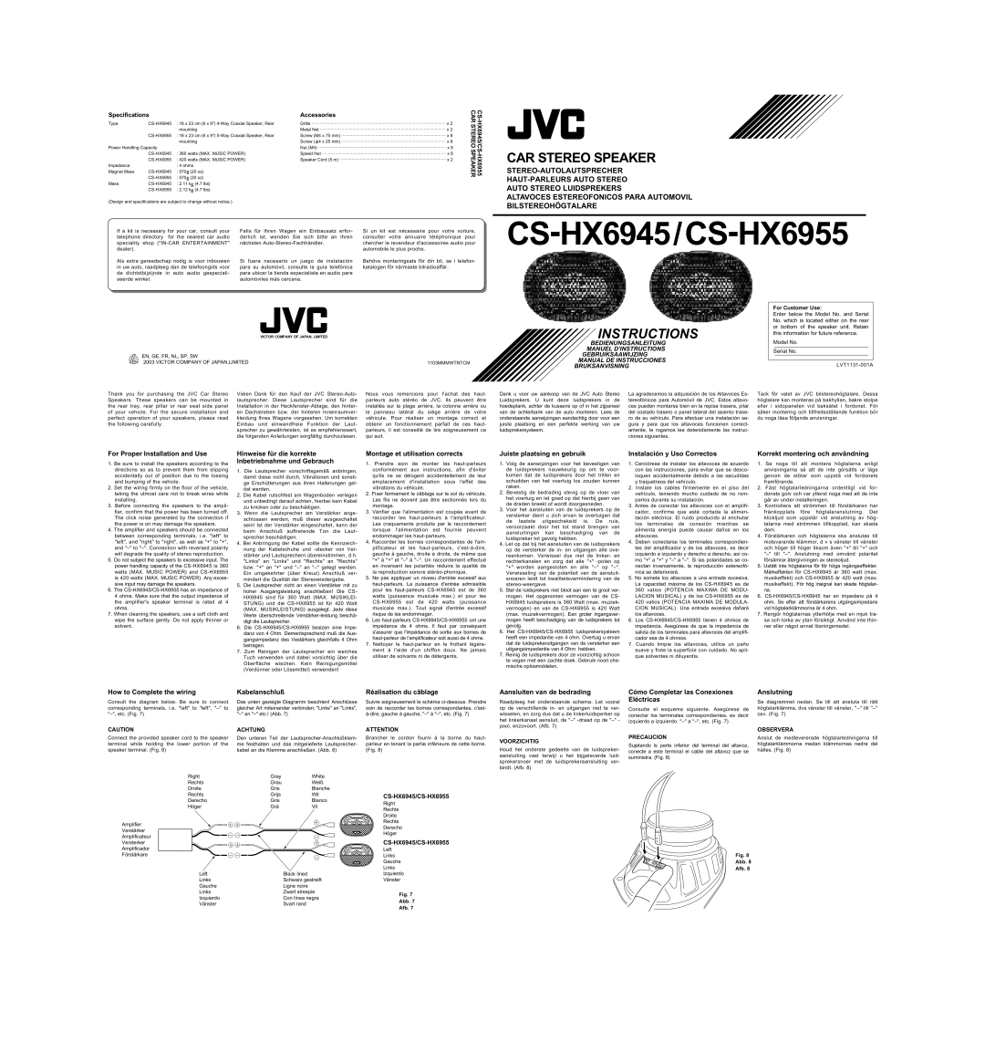 JVC CS-HX6945 specifications Stereo-Autolautsprecher Haut-Parleurs Auto Stereo, Auto Stereo Luidsprekers, Instructions 