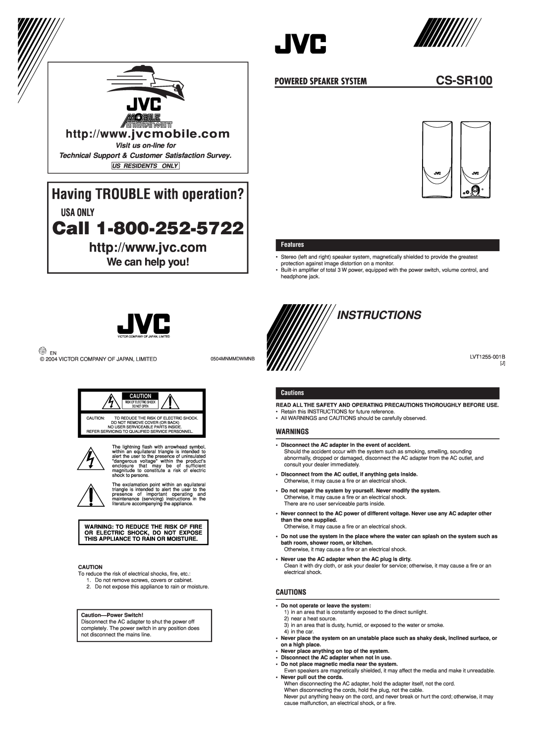 JVC CS-SR100 user service Features, Cautions, Call, Having TROUBLE with operation?, Instructions, We can help you 