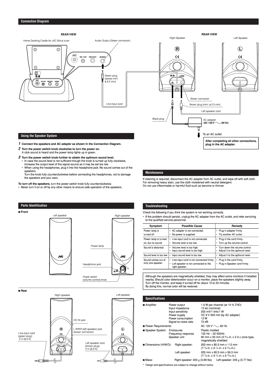 JVC CS-SR100 user service Connection Diagram, Using the Speaker System, Parts Identification, Maintenance, Troubleshooting 