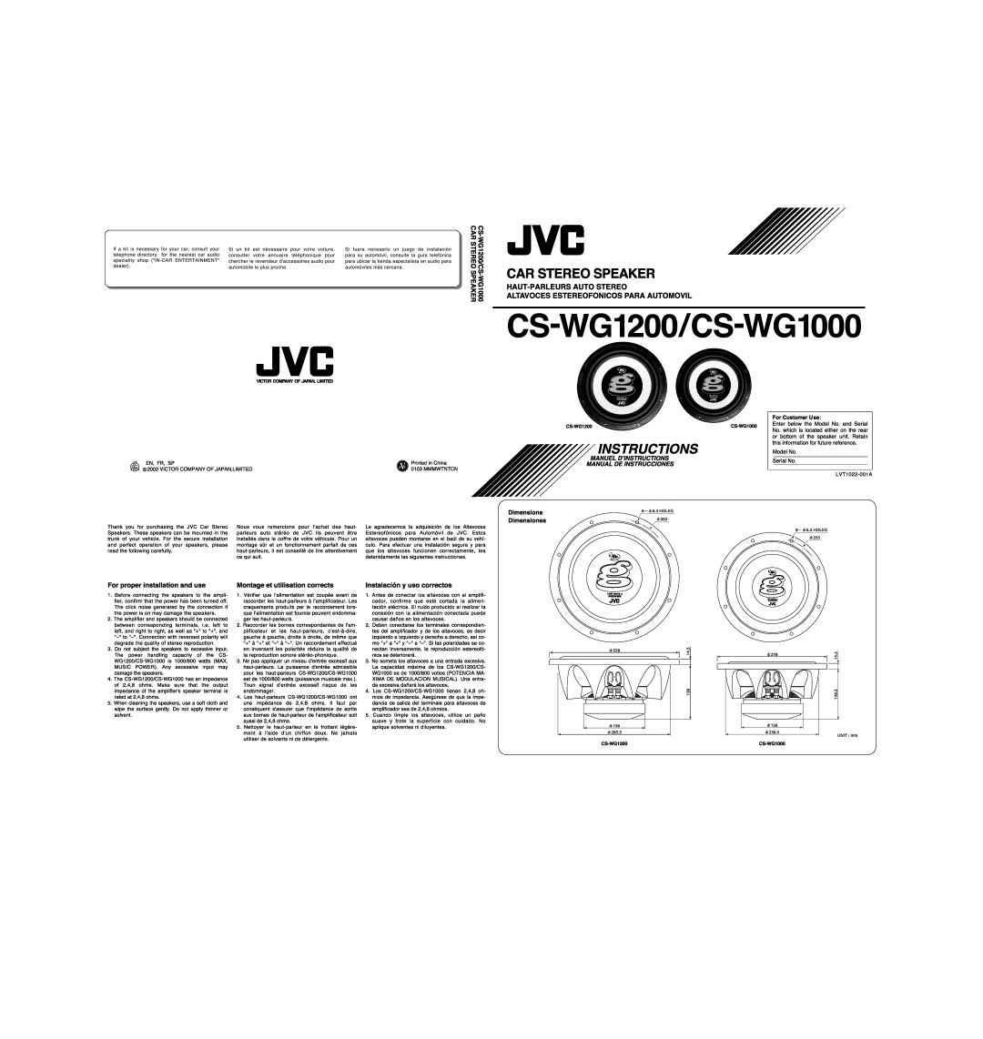JVC CS-WG1200, CS-WG1000 manual 