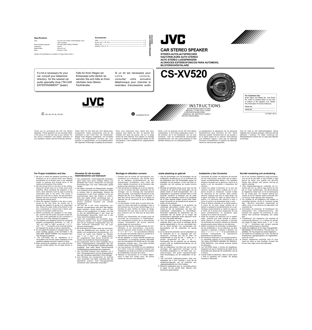 JVC CS-XV520 specifications For Proper Installation and Use, Montage et utilisation corrects, Juiste plaatsing en gebruik 