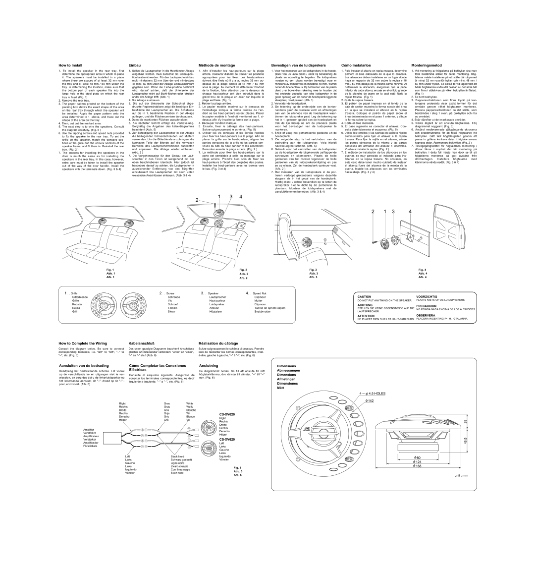 JVC CS-XV620 specifications How to Install, Eléctricas, Voorzichtig, Achtung Precaucion, Observera 