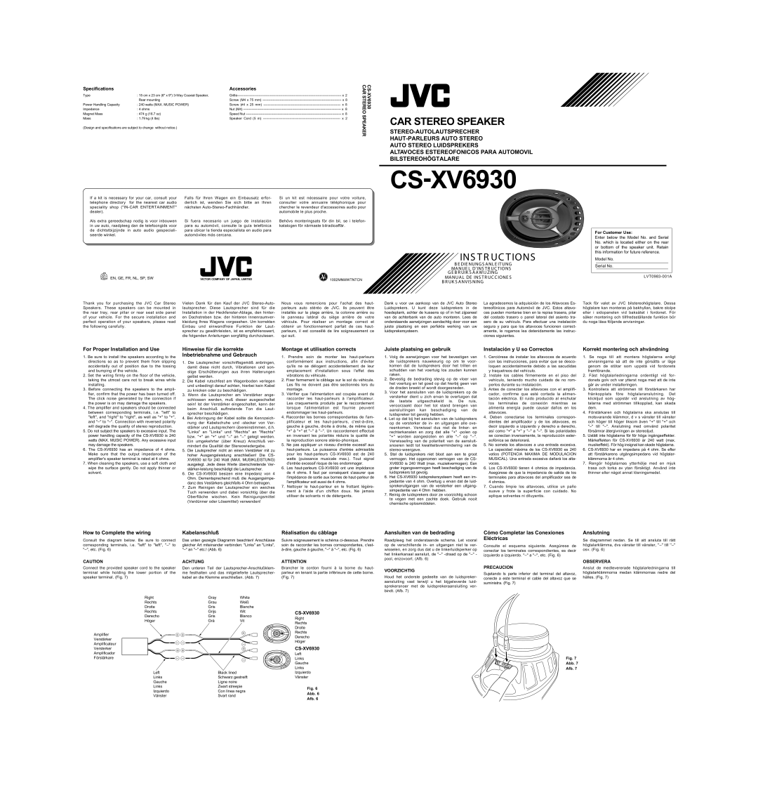 JVC CS-XV6930 specifications For Proper Installation and Use, Hinweise für die korrekte Inbetriebnahme und Gebrauch 