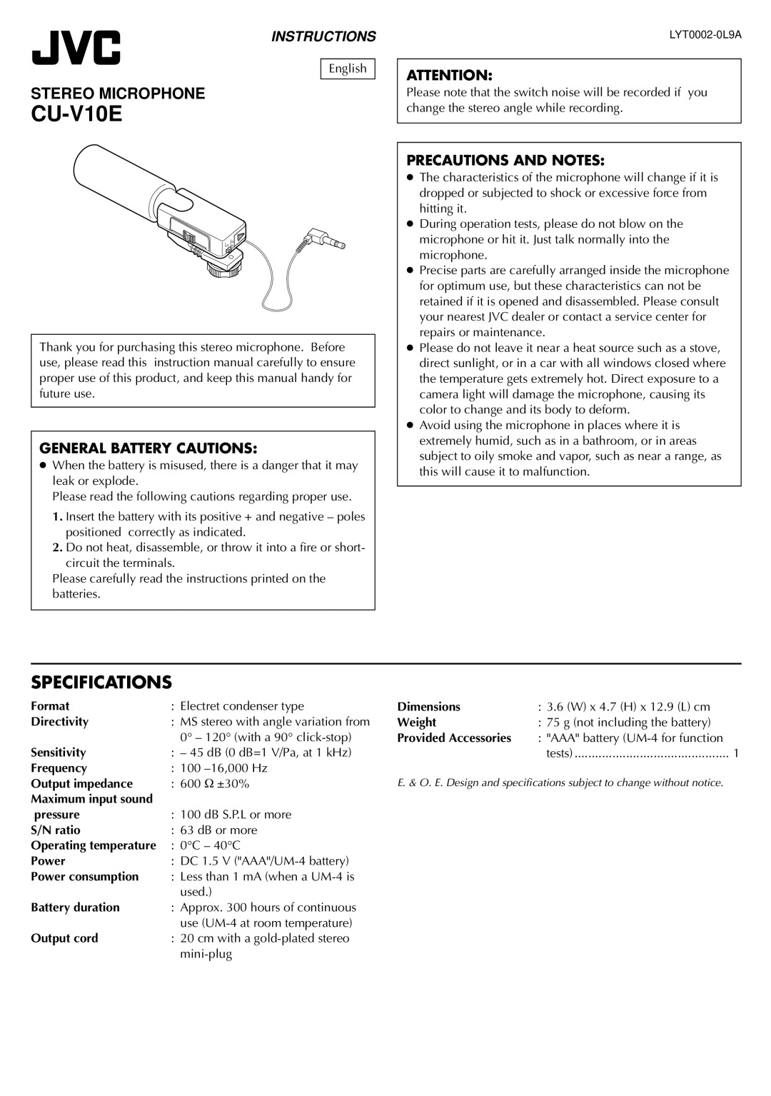 JVC CU-V10E specifications Specifications, General Battery Cautions, Precautions and Notes 