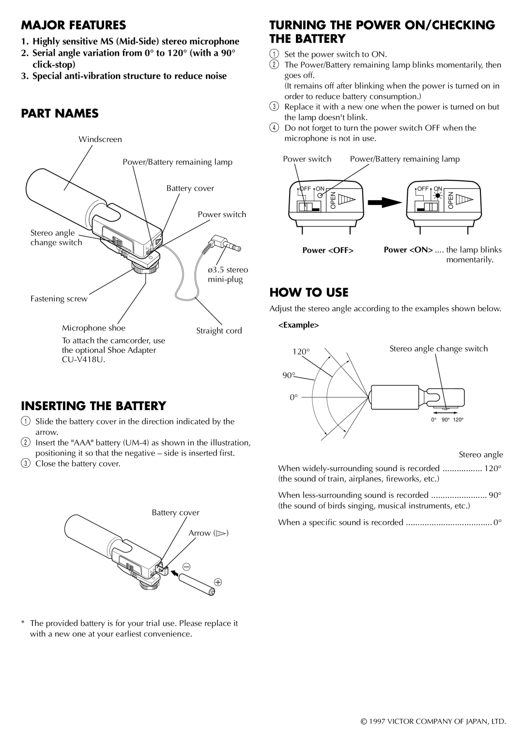 JVC CU-V10E Major Features, Part Names, Inserting the Battery, Turning the Power ON/CHECKING the Battery, HOW to USE 