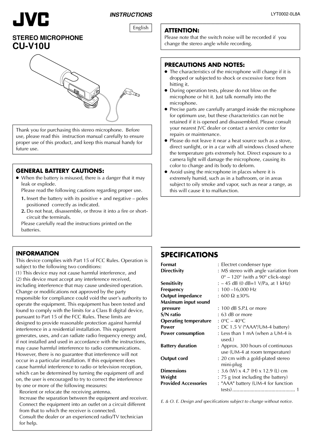 JVC CU V10U specifications Specifications, General Battery Cautions, Precautions and Notes, Information 