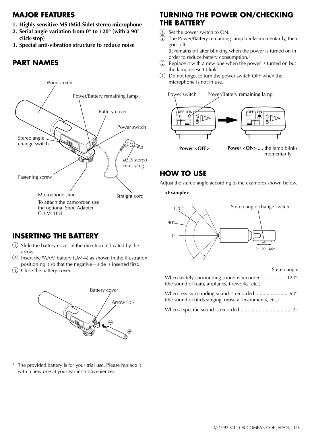 JVC CU V10U Major Features, Part Names, Inserting the Battery, Turning the Power ON/CHECKING the Battery, HOW to USE 