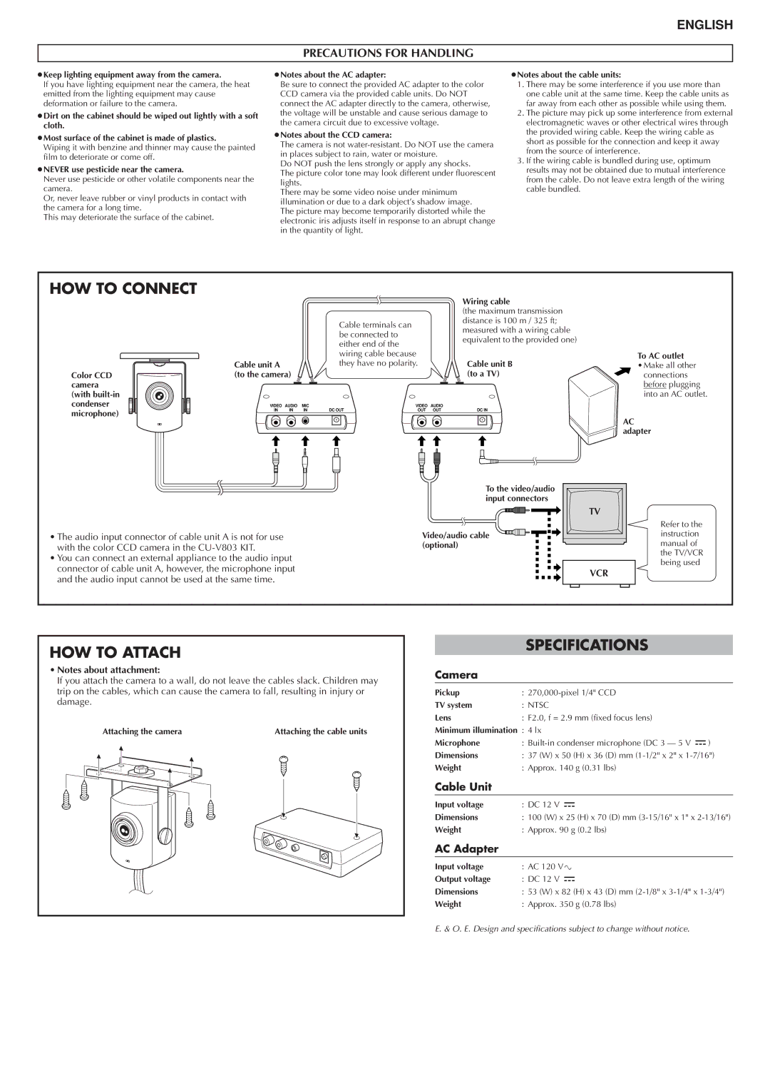 JVC CU-V803 important safety instructions HOW to Connect, HOW to Attach, Specifications, Precautions for Handling 