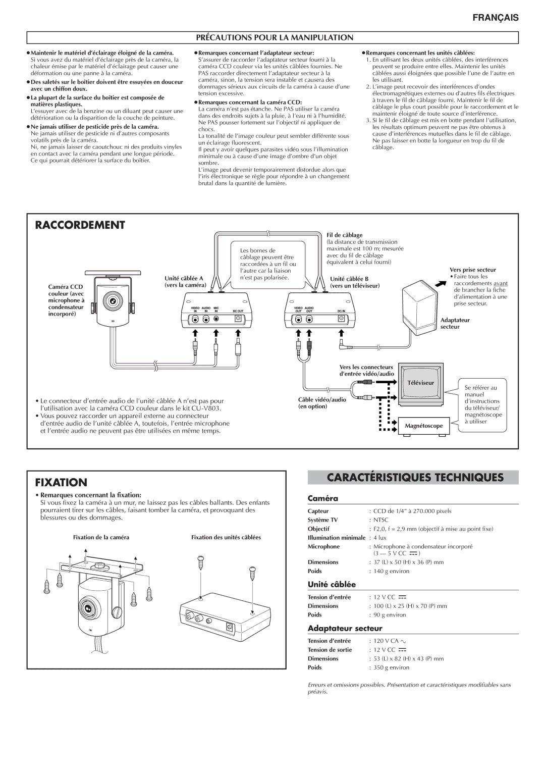 JVC CU-V803 Raccordement, Fixation, Caractéristiques Techniques, Précautions Pour LA Manipulation 