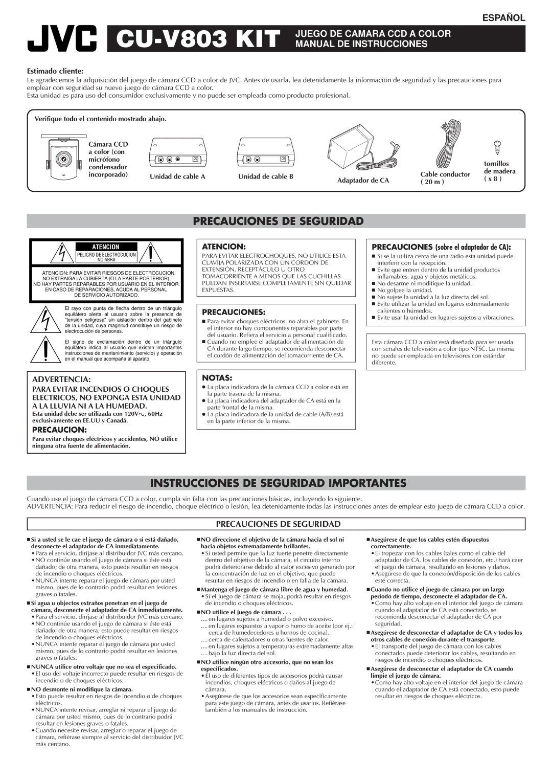 JVC CU-V803 Precauciones DE Seguridad, Instrucciones DE Seguridad Importantes, Juego DE Camara CCD a Color 