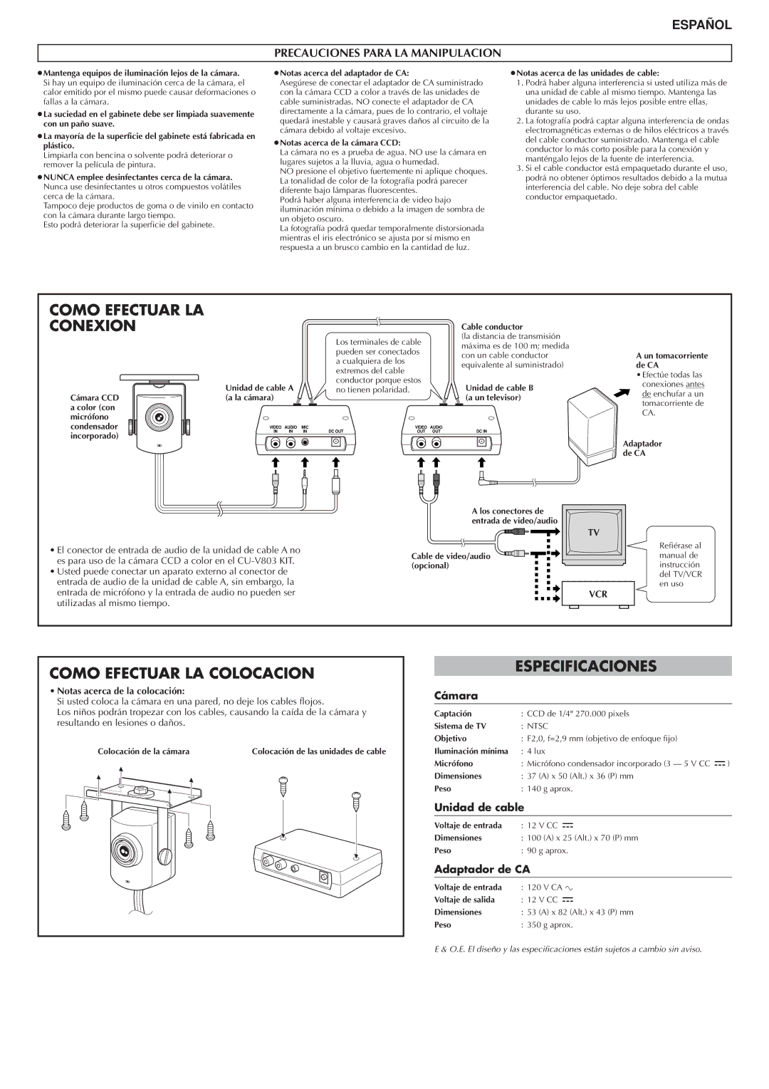 JVC CU-V803 Como Efectuar LA Conexion, Como Efectuar LA Colocacion, Especificaciones, Precauciones Para LA Manipulacion 