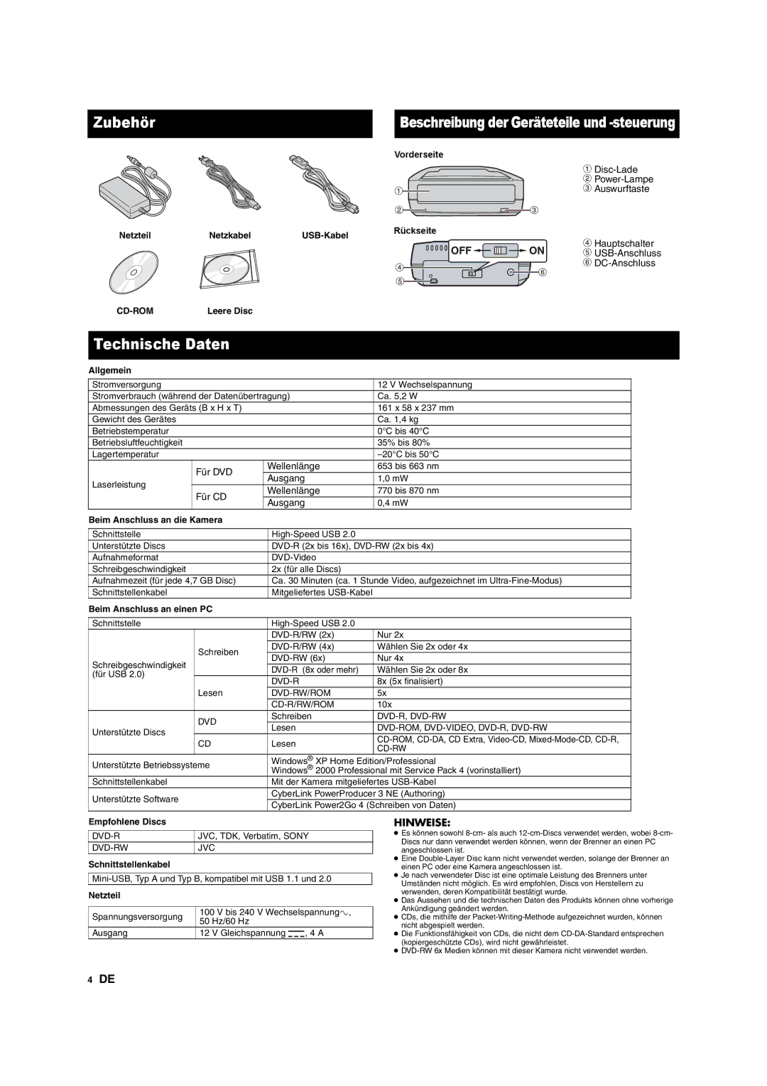 JVC CU-VD10 manuel dutilisation Zubehör, Technische Daten, Hinweise 