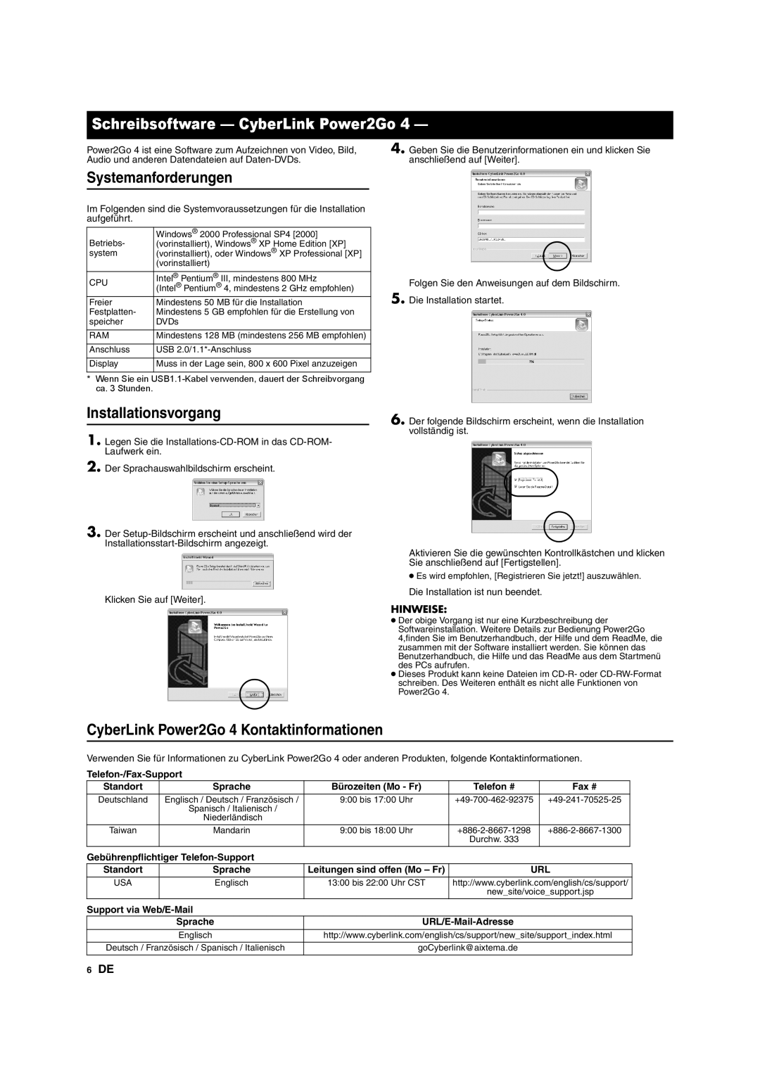 JVC CU-VD10 manuel dutilisation Schreibsoftware CyberLink Power2Go, Systemanforderungen, Installationsvorgang 