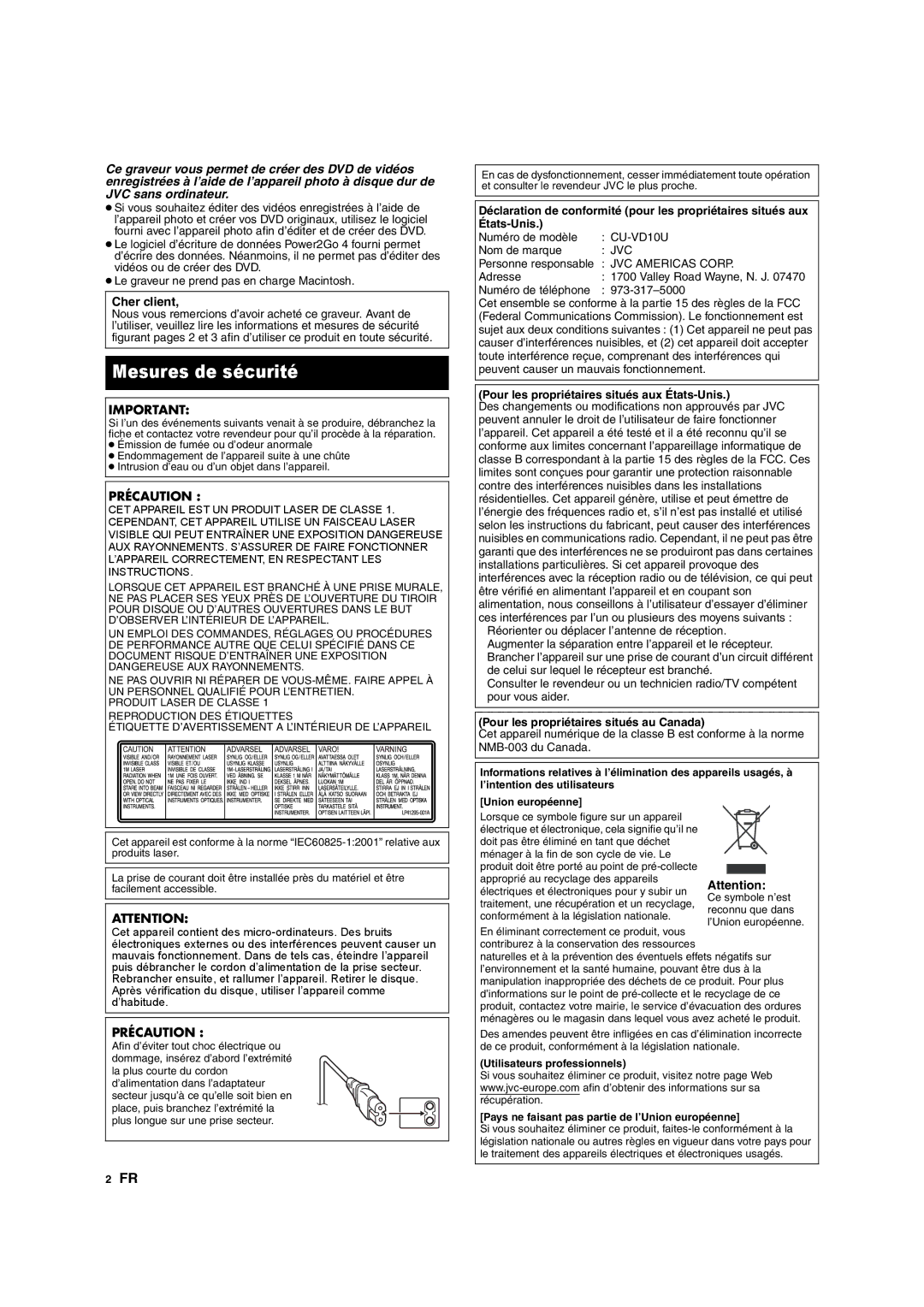 JVC CU-VD10 manuel dutilisation Mesures de sécurité, Cher client, Précaution, Pour les propriétaires situés aux États-Unis 