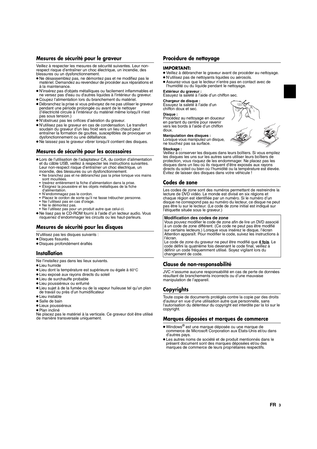 JVC CU-VD10 Mesures de sécurité pour le graveur, Mesures de sécurité pour les accessoires, Procédure de nettoyage 