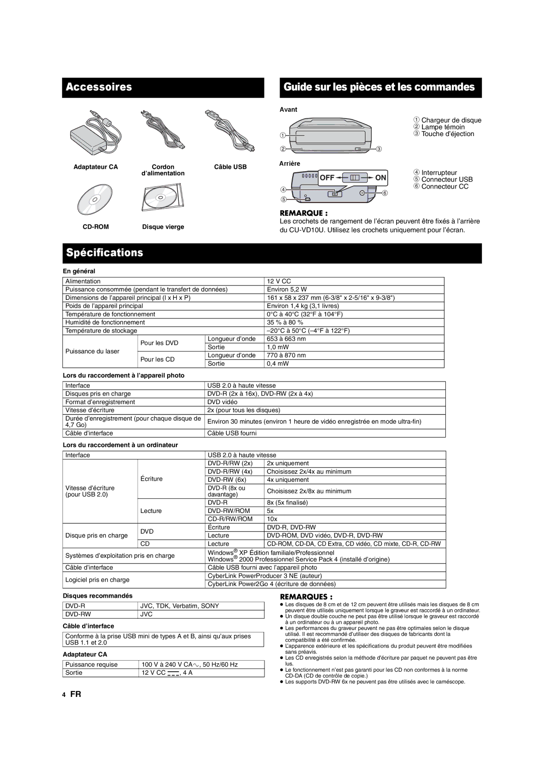 JVC CU-VD10 manuel dutilisation Accessoires, Spécifications, Remarques 