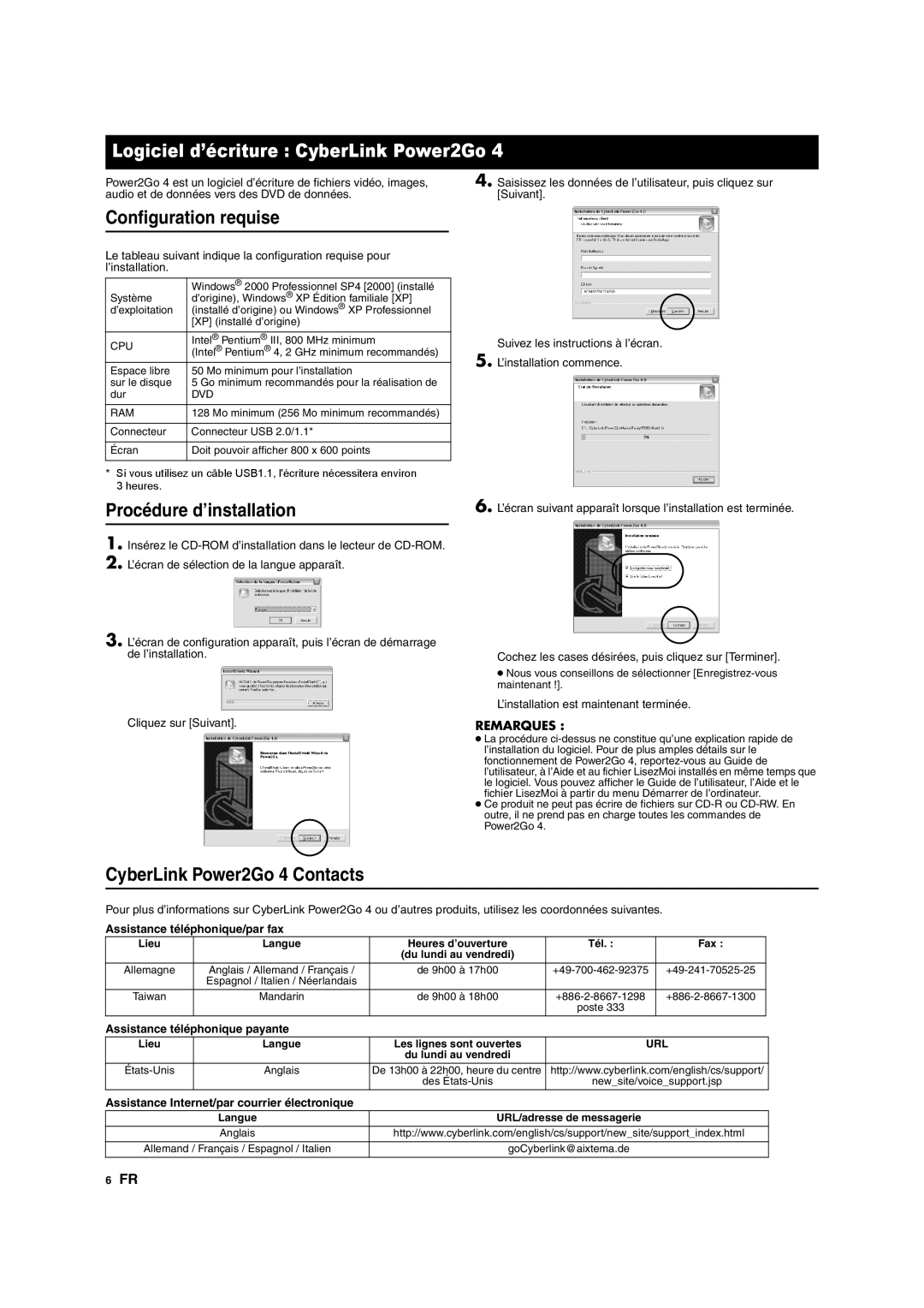 JVC CU-VD10 manuel dutilisation Logiciel d’écriture CyberLink Power2Go, Configuration requise, Procédure d’installation 