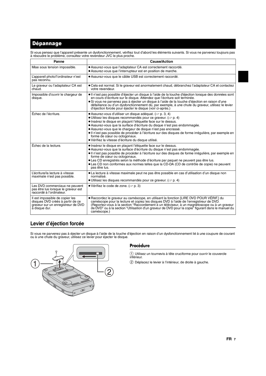 JVC CU-VD10 manuel dutilisation Dépannage, Levier d’éjection forcée, Procédure, Panne Cause/Action 