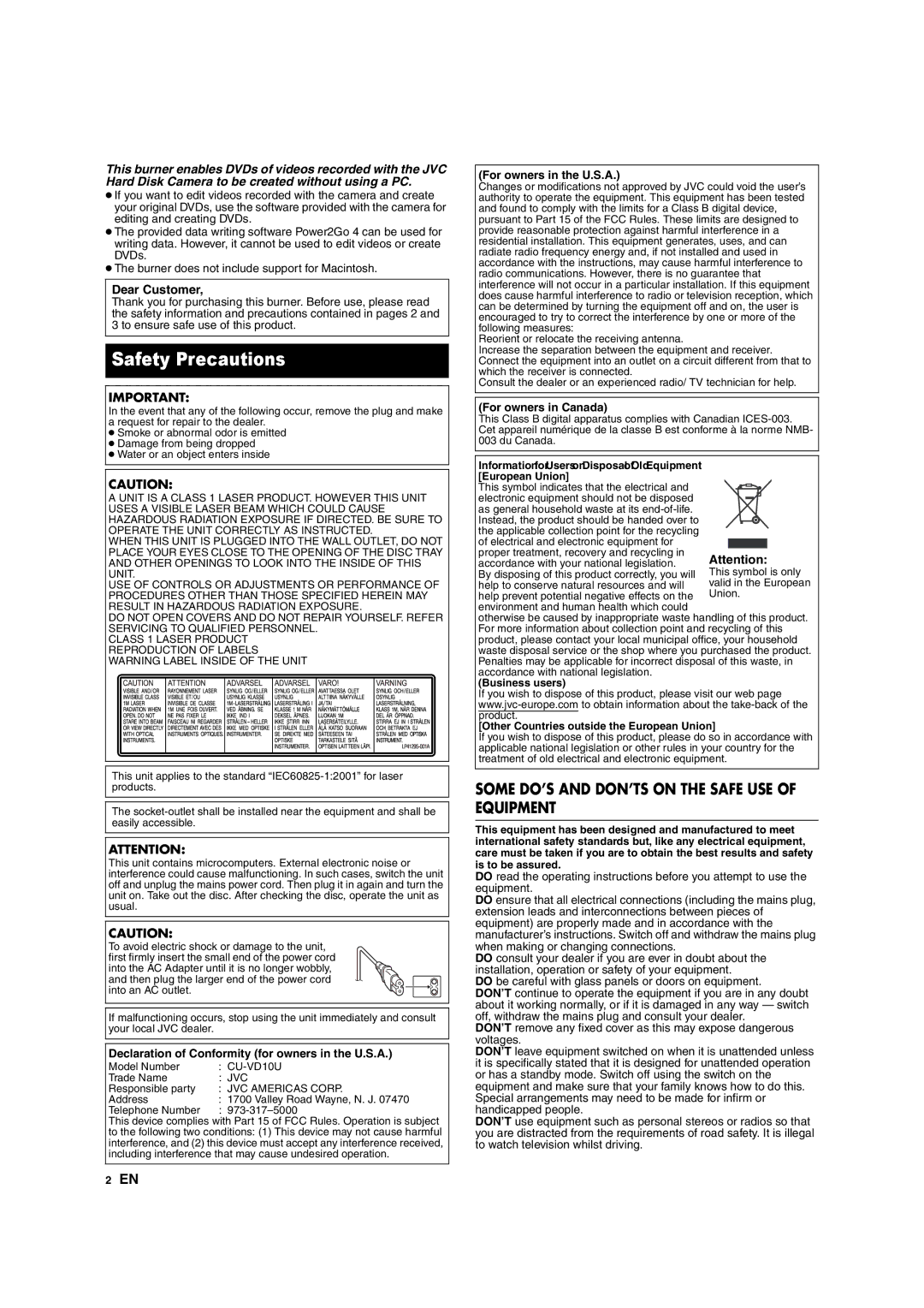 JVC CU-VD10 Safety Precautions, Dear Customer, Declaration of Conformity for owners in the U.S.A, For owners in the U.S.A 