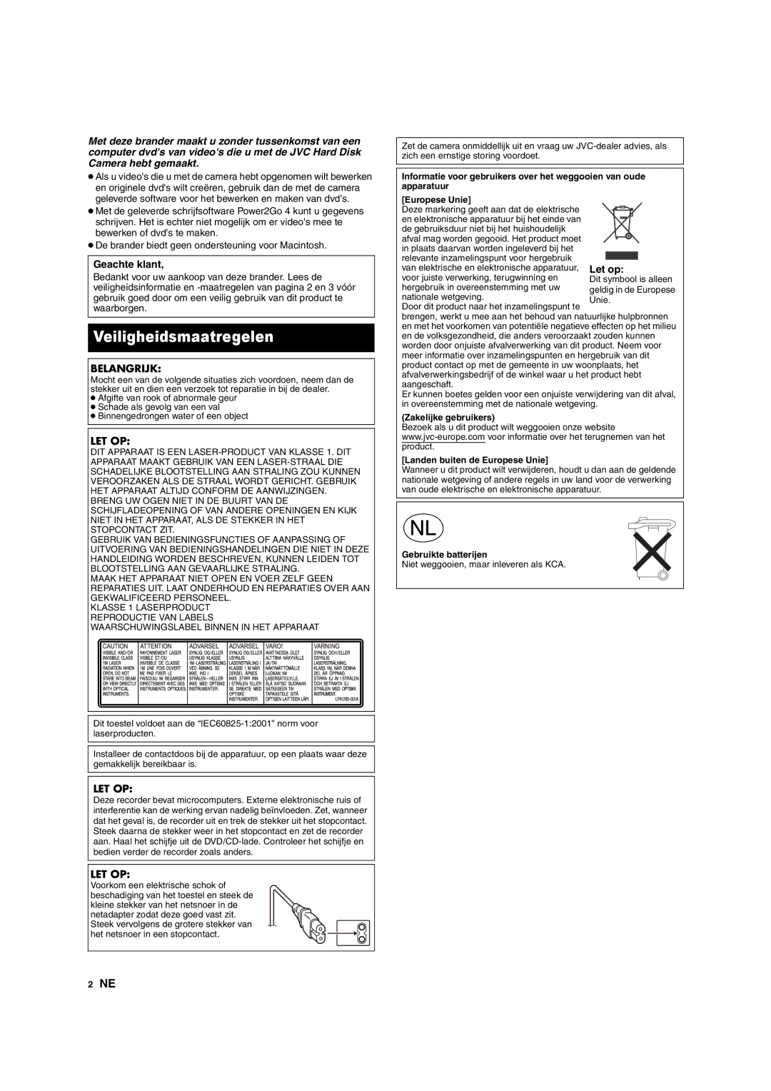 JVC CU-VD10 manuel dutilisation Veiligheidsmaatregelen, Geachte klant, Belangrijk, Let Op 