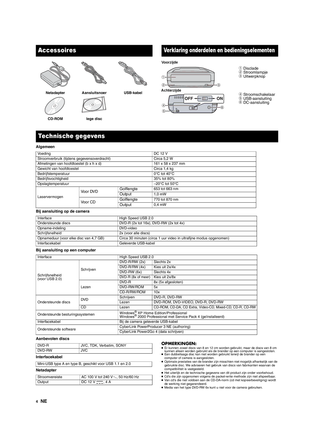 JVC CU-VD10 manuel dutilisation Technische gegevens, Opmerkingen 