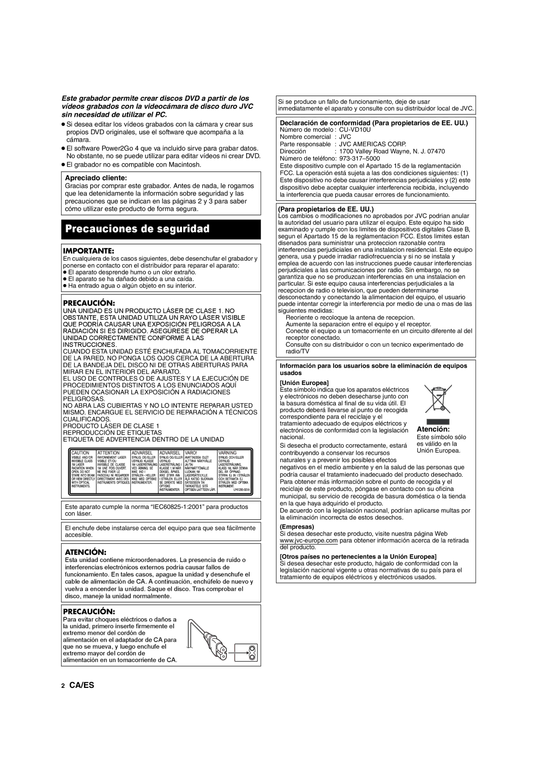 JVC CU-VD10 manuel dutilisation Precauciones de seguridad, Apreciado cliente, Importante, Precaución, Atención 