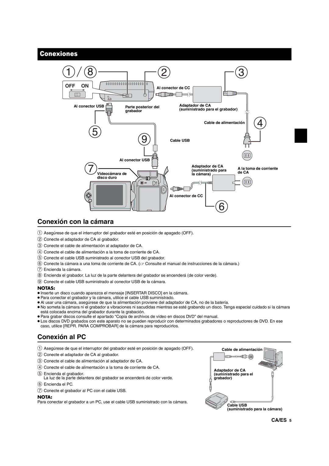 JVC CU-VD10 manuel dutilisation Conexiones, Conexión con la cámara, Conexión al PC 