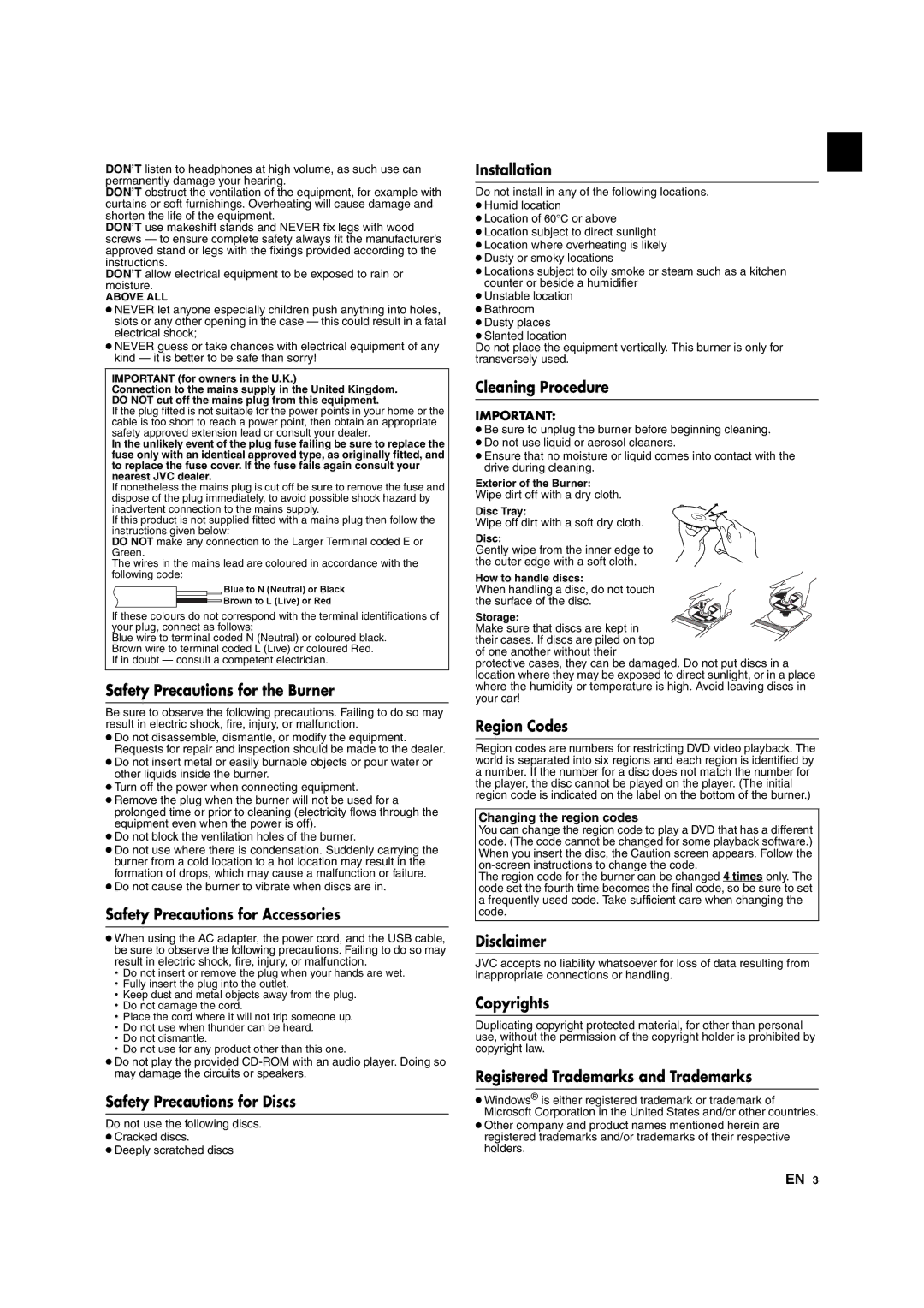 JVC CU-VD10 Safety Precautions for the Burner, Safety Precautions for Accessories, Safety Precautions for Discs 